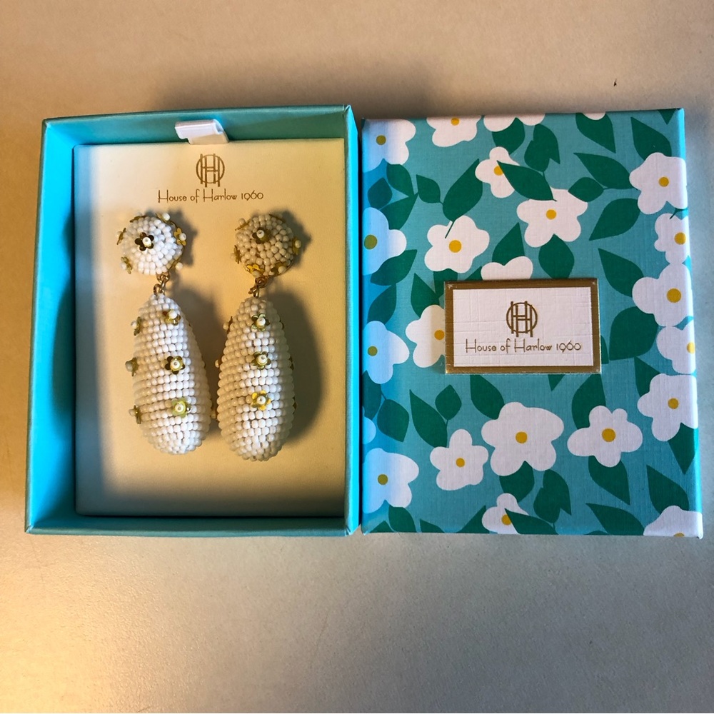 White Seed Beads w/ Gold Sequins Post Earrings ~ House of Harlow 1960 ~ Drop 2”